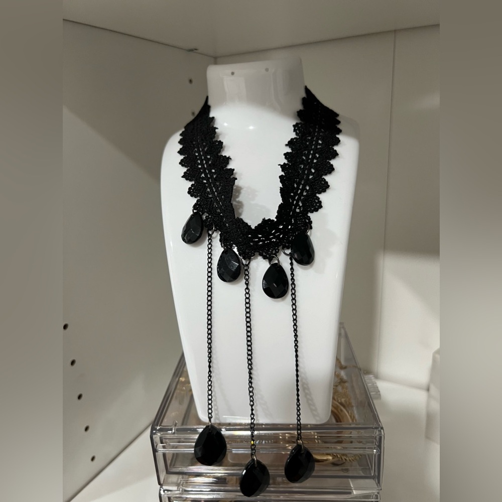 Black Lace Crochet Clasp Crystal Pendant Drop Chain Victorian  3 Choker
